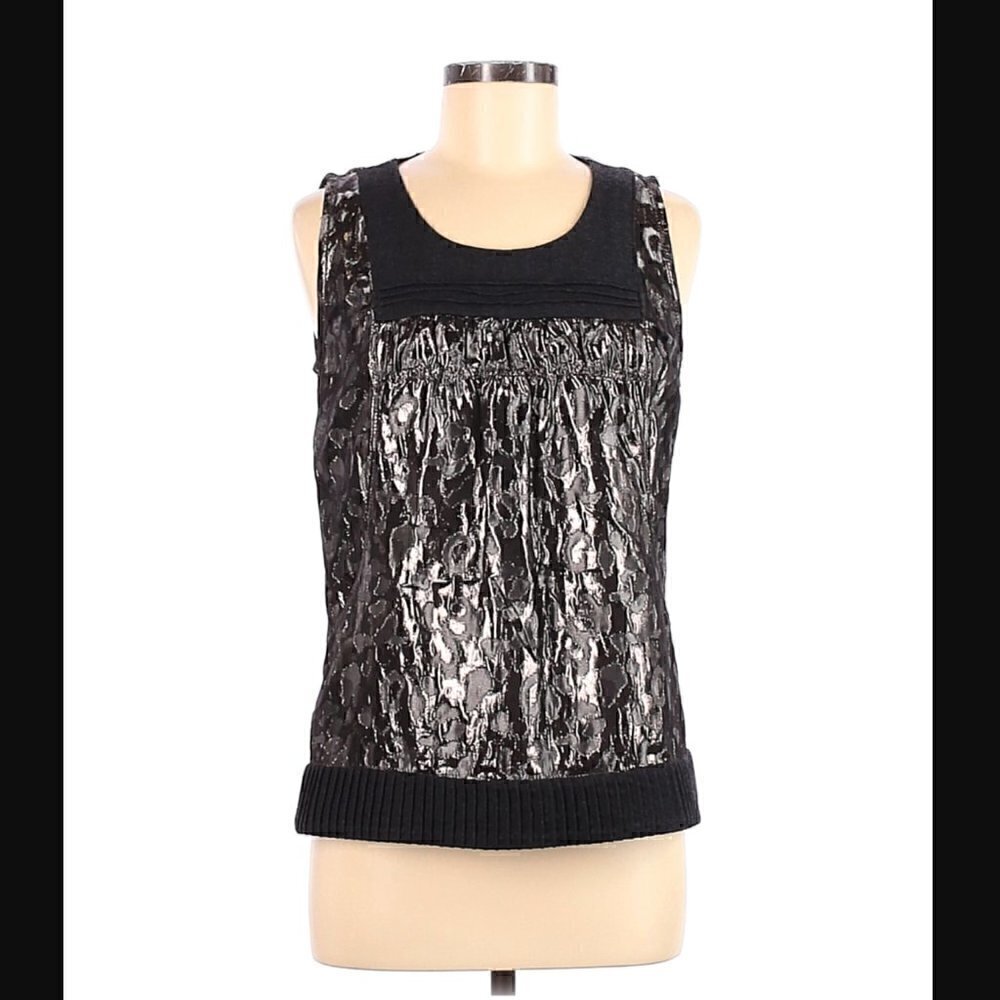 Tory Burch Tank Top 8 Lamé Wool Metallic Sleeveless Leopard Animal Black Luxury